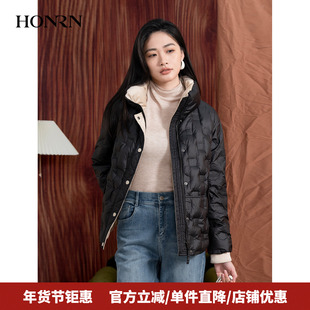 HONRN/红人黑色保暖短款立领白鸭绒羽绒服外套女款冬季HI55YR251