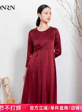HONRN/红人秋冬红色圆领长袖收腰显瘦中长款连衣裙女HI55OL195