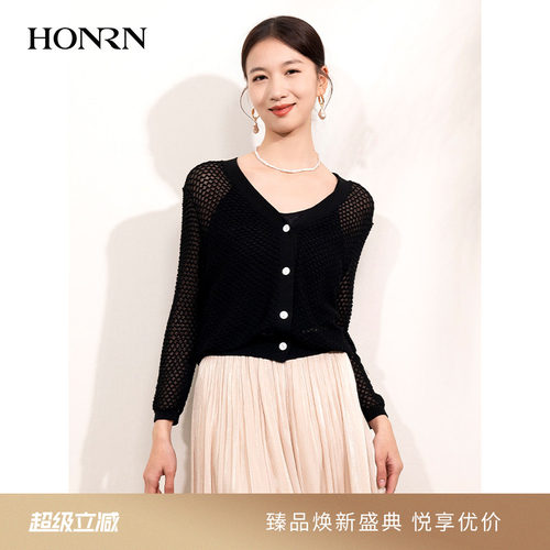 HONRN/红人v领镂空针织衫开衫