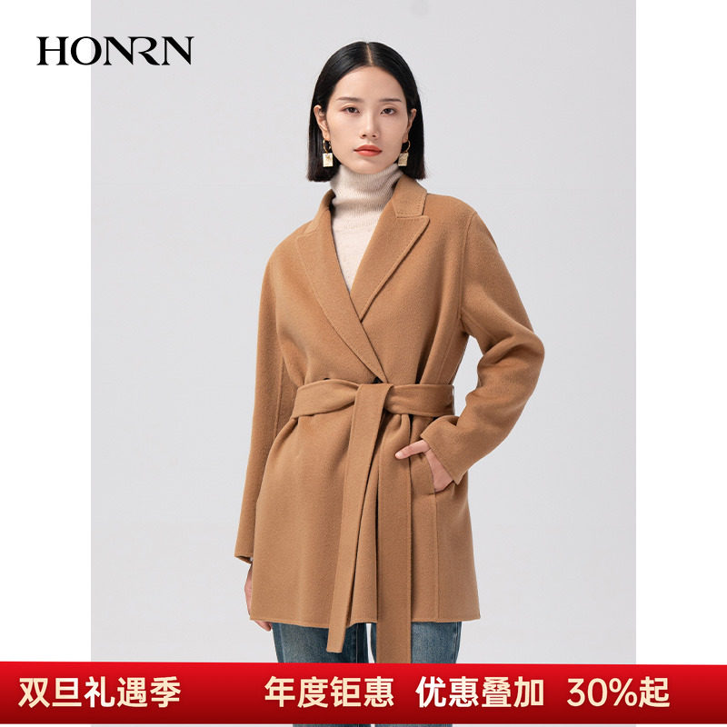 HONRN/红人西装领细带收腰双面羊毛呢子大衣外套女秋冬HI59OD008