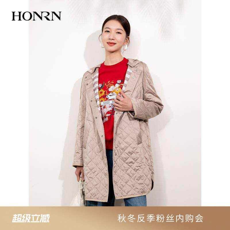 HONRN/红人休闲可拆卸连帽轻薄夹棉外套女春秋中长款HI11MA500