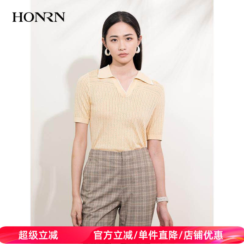 HONRN/红人桑蚕丝真丝棉混纺短袖polo针织衫上衣女夏季HI22OM115