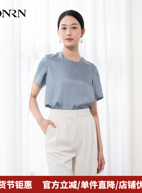 HONRN/红人休闲宽松蓝色短袖圆领正肩衬衫上衣女夏款HH22SY817