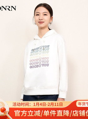 HONRN/红人休闲时尚宽松显瘦白色连帽卫衣上衣女春秋款HI11SY066