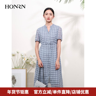 HONRN/红人格纹格子印花v领抽绳收腰显瘦短袖连衣裙女夏HI22OL689