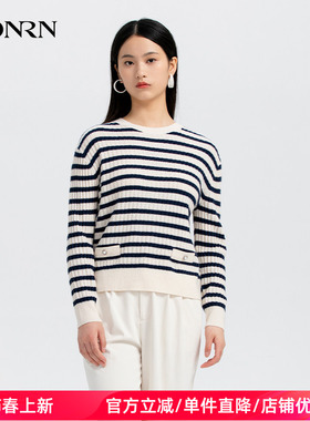 HONRN/红人圆领套头长袖条纹羊毛衣针织衫上衣春秋款女HH33OM691