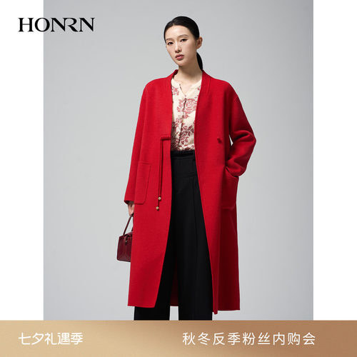 红人中国红新中式桑蚕丝毛呢大衣