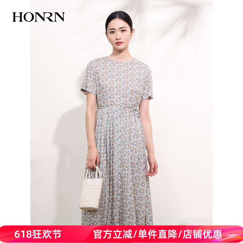 HONRN/红人印花压褶裙子修身收腰显瘦a字短袖连衣裙女夏HI22OL488