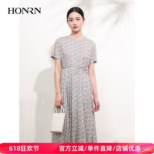 HONRN/红人压褶短袖收腰连衣裙