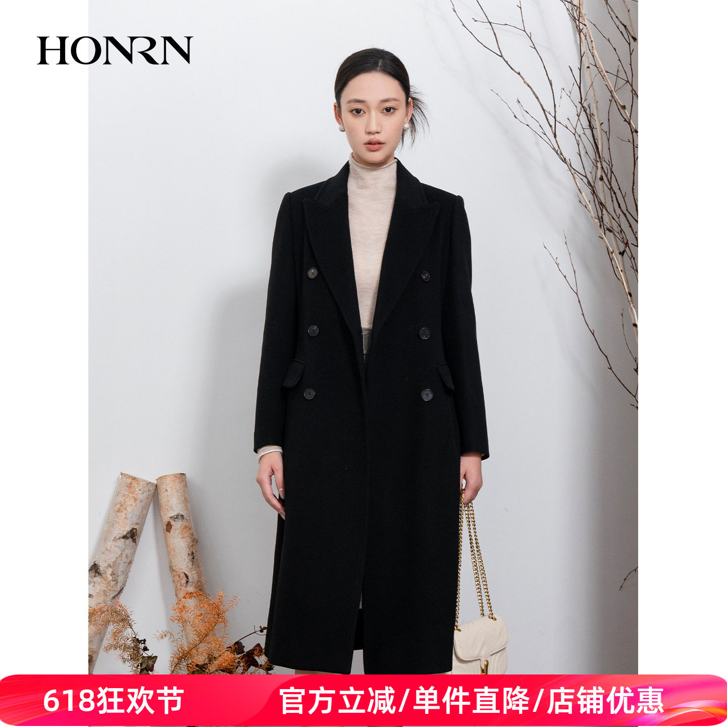 HONRN/红人西装领双排扣山羊绒羊毛呢子大衣外套女秋冬HI55OD836