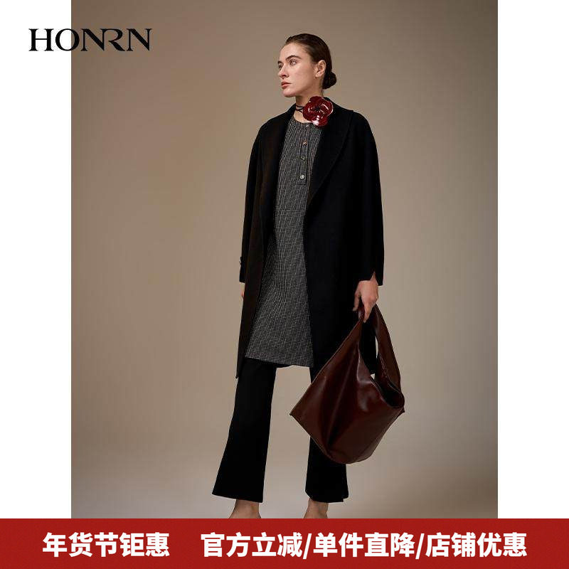 HONRN/红人黑色系带收腰桑蚕丝羊毛呢子大衣外套女秋冬HJ55OD130,女装/女士精品,毛呢外套,淘宝优惠券,粉丝福利购,淘宝优惠卷