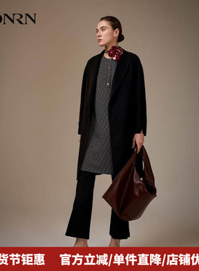 HONRN/红人黑色系带收腰桑蚕丝羊毛呢子大衣外套女秋冬HJ55OD130