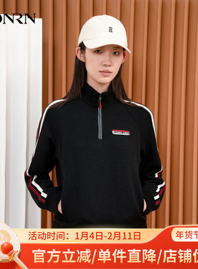HONRN/红人修身黑色短款立领长袖套头卫衣上衣女款秋冬HI55SY177