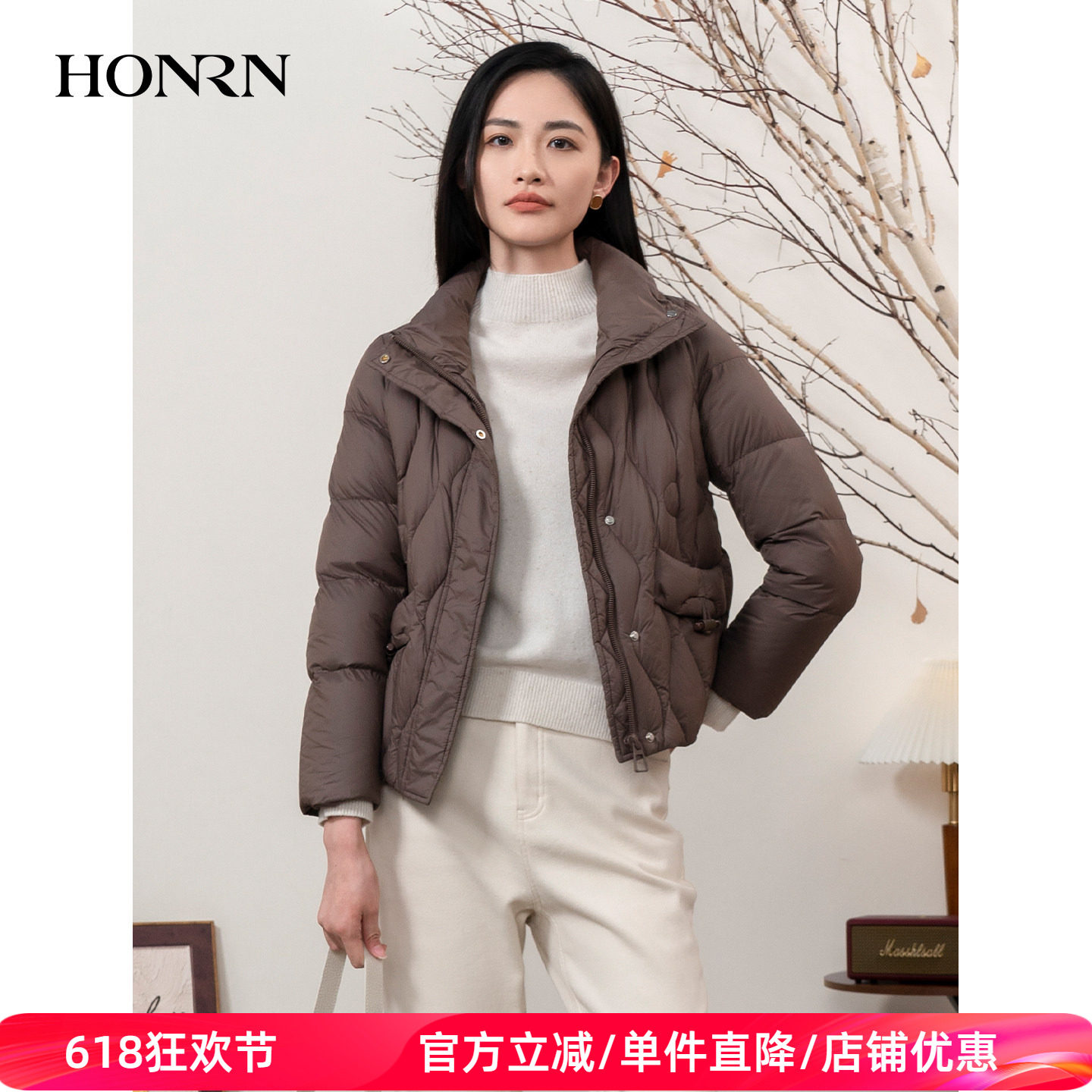 HONRN/红人防风立领轻薄短款鸭绒羽绒服外套女款冬季HK59YR060