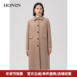 HONRN/红人气质驼色中长款正肩羊毛呢子大衣外套女秋冬HI59OD001