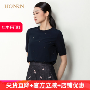 修身 显瘦春秋针织衫 红人藏蓝色圆领套头短袖 HONRN 上衣设计感小众