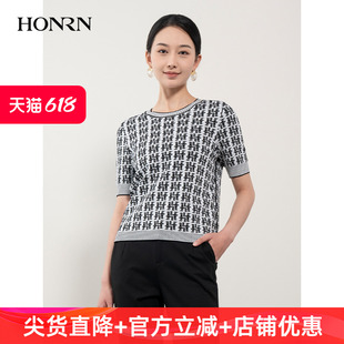 短款 HONRN 短袖 上衣女HH11OM674 红人修身 圆领打底内搭套头针织衫