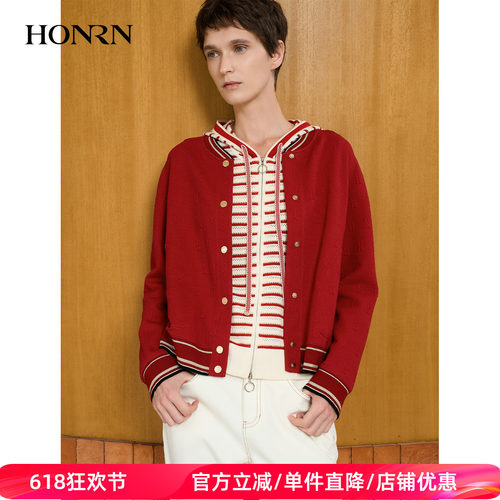 HONRN/红人红色棒球服针织开衫