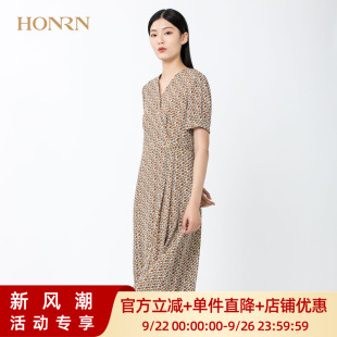 裙子 气质洋气收腰显瘦雪纺a字v领连衣裙女夏中长款 HONRN 红人新款