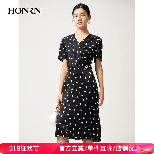 红人夏季桑蚕丝波点V领连衣裙