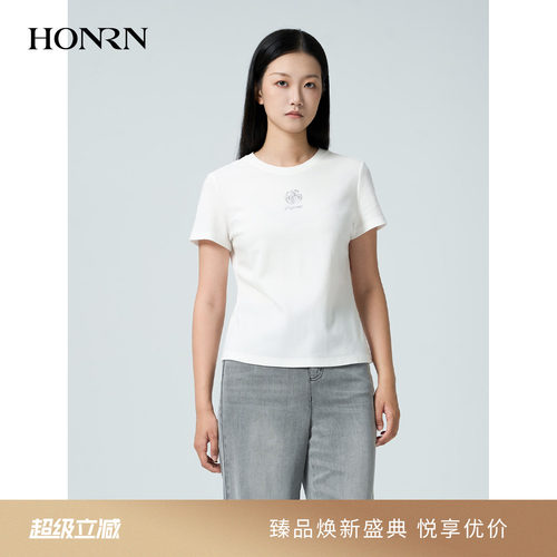 红人白色玫瑰烫钻短袖T恤