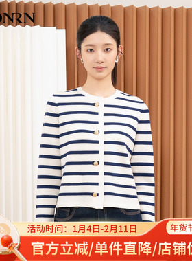 HONRN/红人条纹圆领长袖绵羊毛针织衫开衫上衣女春秋HI33OM125