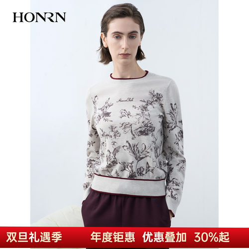 HONRN/红人圆领印花羊毛针织衫