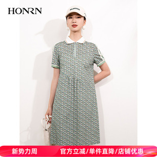 HONRN 遮肉显瘦纯棉裙子连衣裙女夏HI22OL426 红人绿色印花短袖