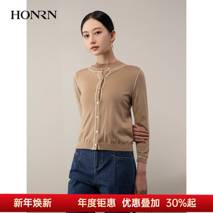 红人修身 上衣春秋款 长袖 开衫 女HH11OM673 绵羊毛圆领针织衫 HONRN