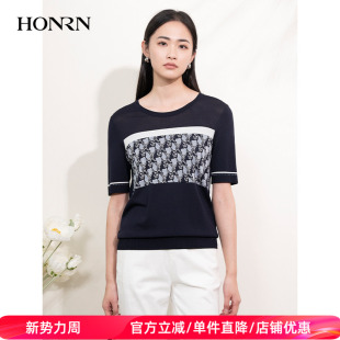 上衣女夏季 针织衫 HI22OM665 红人宽松休闲提花圆领套头短袖 HONRN