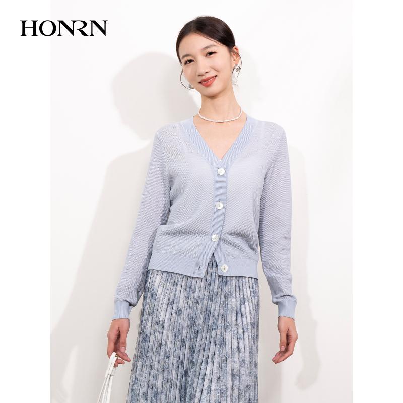 HONRN/红人蓝色v领薄款外搭显瘦棉针织衫开衫上衣女春秋HI11OM532 - 封面