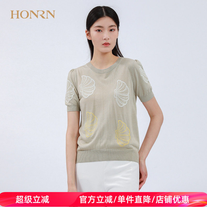 HONRN/红人新款短袖圆领套头针织衫上衣女夏季薄款设计感修身显瘦