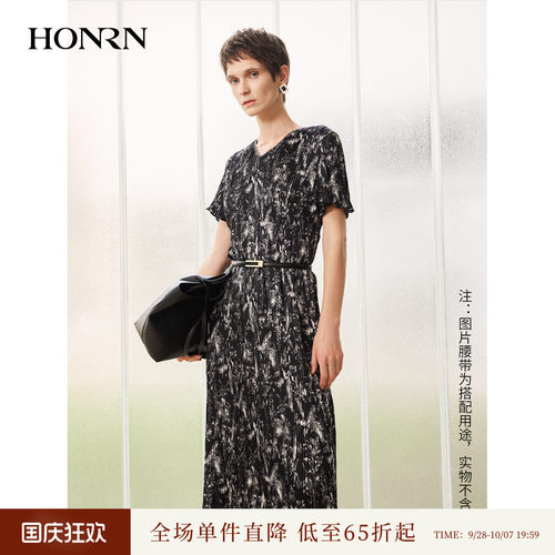 商场同款HONRN/红人优雅气质V领花瓣袖印花连衣裙女夏HL22OL188