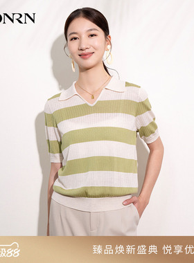 HONRN/红人修身条纹绿色薄款短袖v领套头针织衫上衣女夏HI22OM113