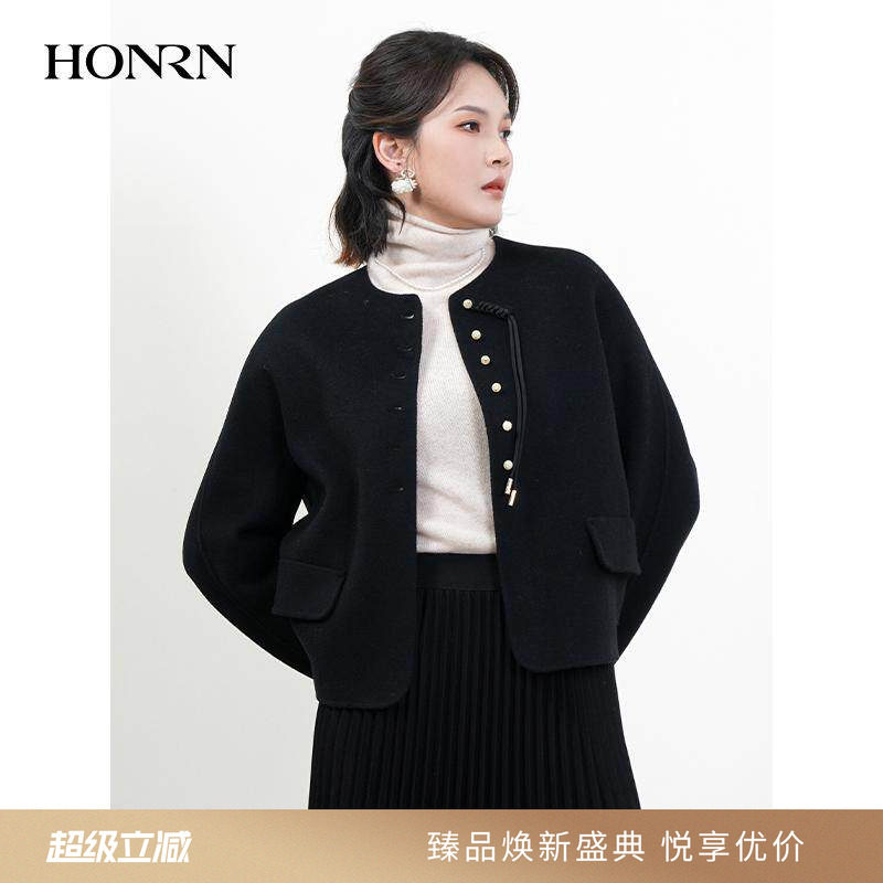 HONRN/红人短款绵羊毛混纺双面呢子大衣外套国风女秋冬HJ59OD191