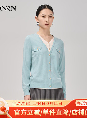 HONRN/红人休闲修身v领撞色假两件套头针织衫上衣女秋冬HI59OM005