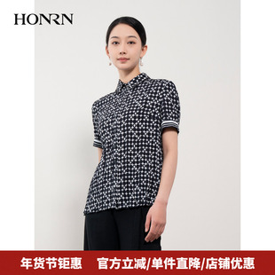 HONRN/红人休闲气质黑色短袖设计感薄款衬衫上衣女夏款HH22OC712