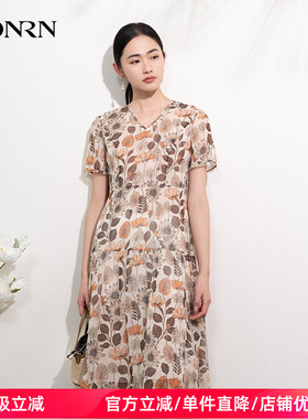 HONRN/红人v领薄款短袖收腰显瘦a字连衣裙大摆裙女夏HI22OL192