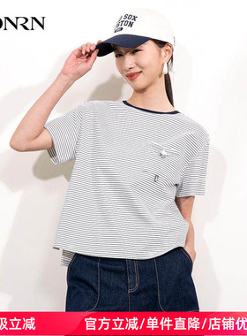 HONRN/红人宽松圆领套头短袖棉质休闲T恤条纹上衣女夏款HI22SY544