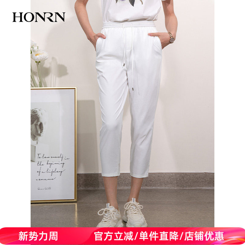 HONRN/红人九分松紧腰宽松直筒束脚运动休闲裤女夏薄款HI22OK209