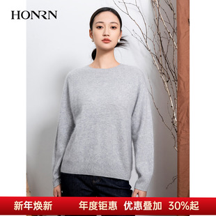 HONRN 上衣女秋冬HK59OM090 红人宽松灰色山羊绒羊毛衣打底针织衫