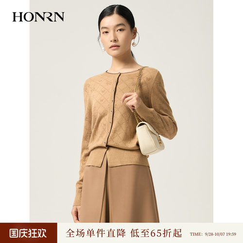 HONRN/红人菱形格镂空针织衫开衫