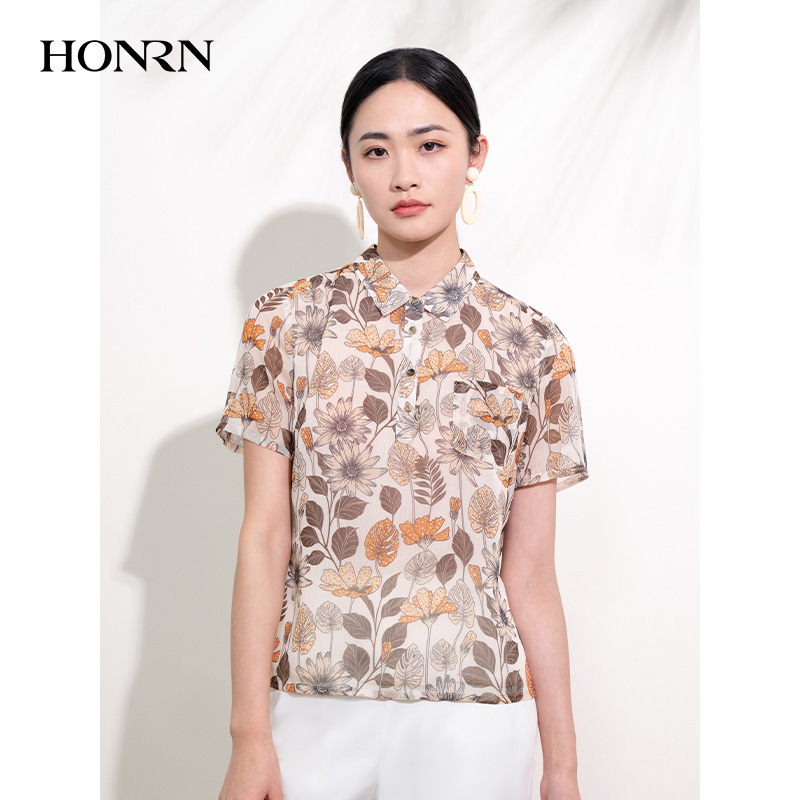 HONRN/红人修身显瘦正肩短袖设计感衬衫上衣女夏薄款HI22SY663