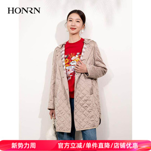 HONRN/红人休闲可拆卸连帽轻薄夹棉外套女春秋中长款HI11MA500