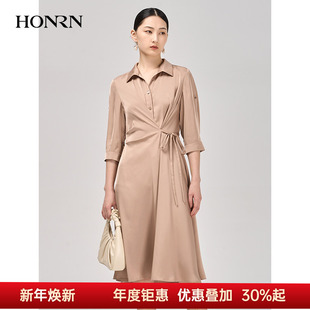 HONRN 红人气质显瘦系绳收腰POLO垂坠感连衣裙女春秋HI39OL548