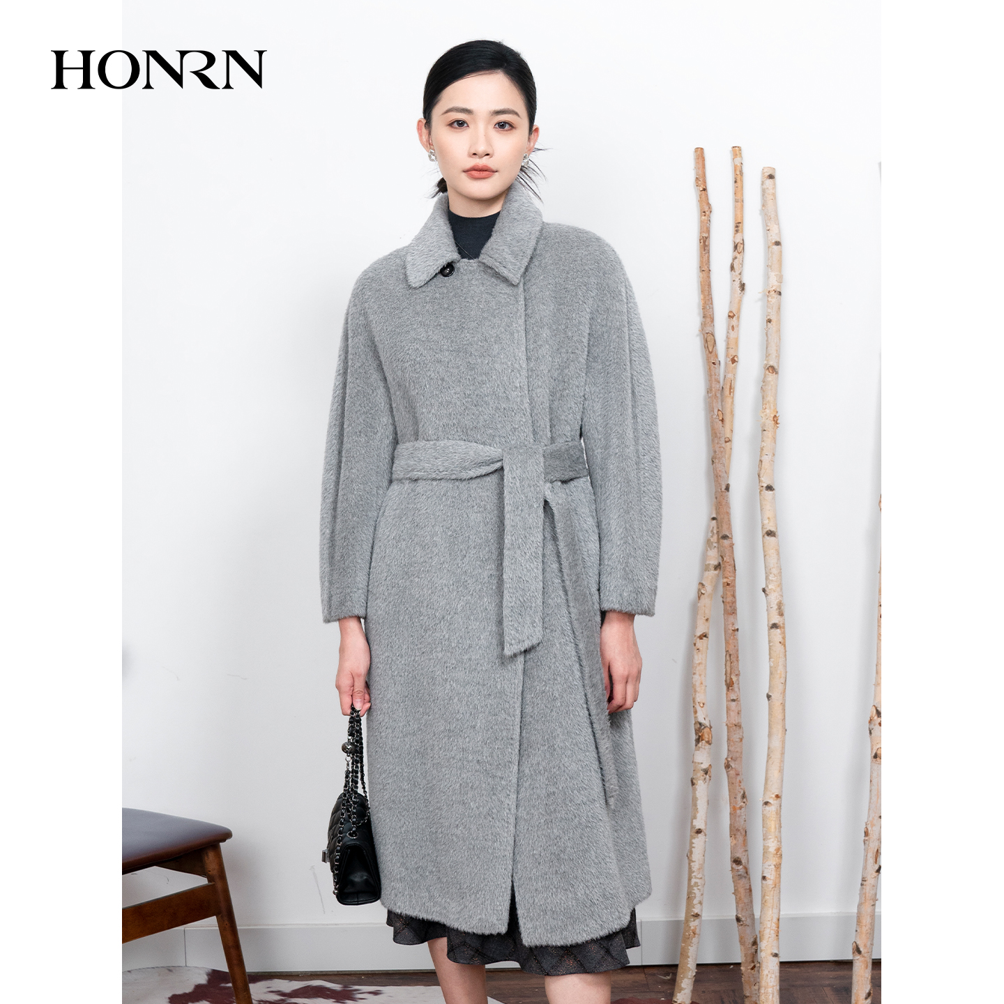 HONRN/红人系带羊驼毛羊毛呢大衣