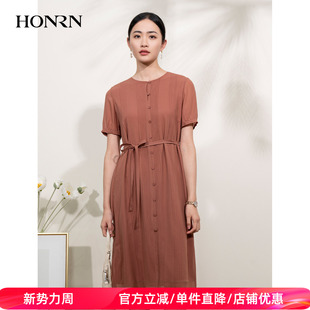 HONRN 连衣裙女夏HI22OL773 红人桑蚕丝真丝系带收腰显瘦a字短袖