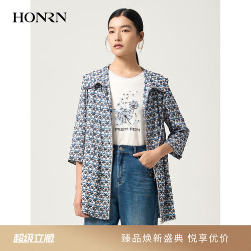 红人碎花连帽收腰七分袖风衣女