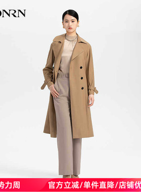 HONRN/红人休闲气质翻领系带收腰长款风衣外套女春秋HH33OF335