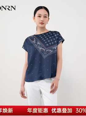 HONRN/红人休闲宽松蓝色短袖小众设计感衬衫上衣女夏款HH22SY826